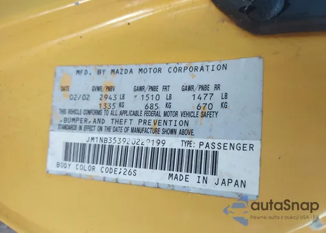 2002 Mazda Mx-5 Miata Cloth/Ls/Se z USA, uszkodzony, nr VIN JM1NB353920229199